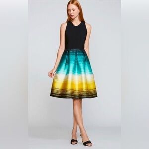 Carmen Marc Valvo Fit & Flare Black Dress w/ Vibrant Pleated Skirt, & Pockets, 2